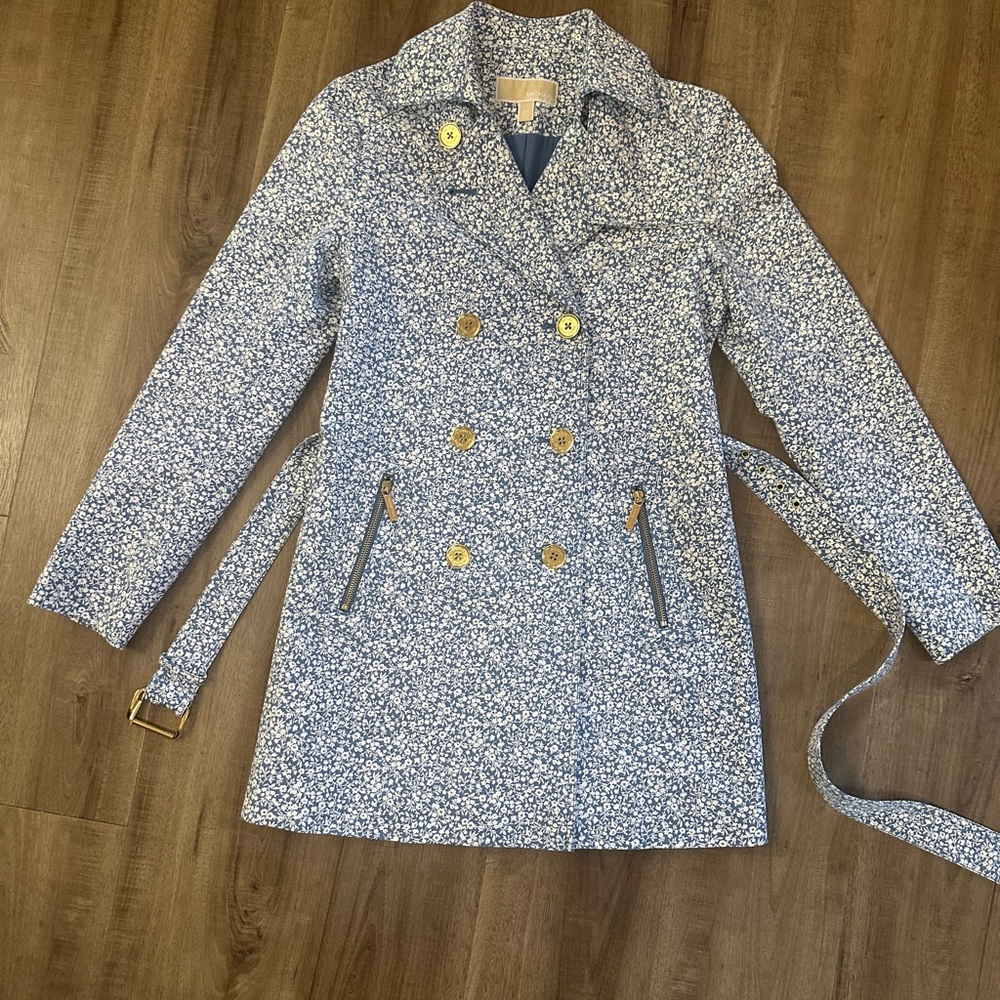 Michael Kors Blue Floral Trench Coat